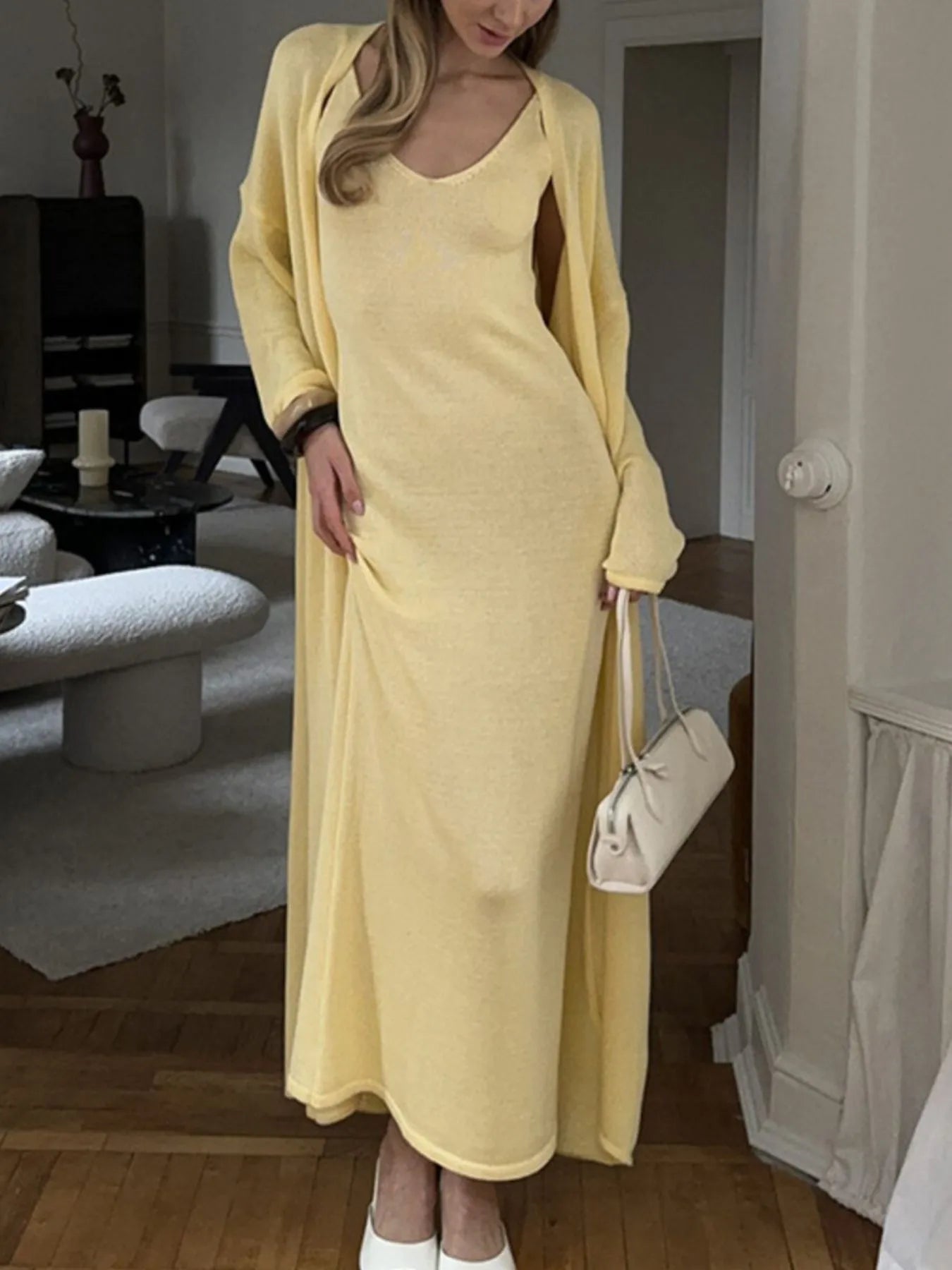 V-Neck Knit Dress and Cardigan Sweater Set - Fashorio