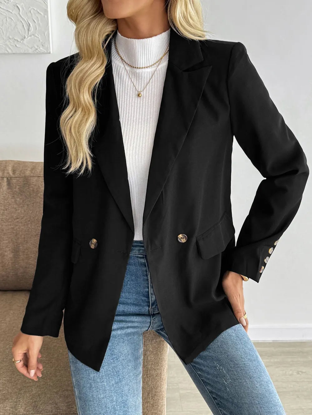 Perfee Lapel Collar Long Sleeve Blazer - Fashorio