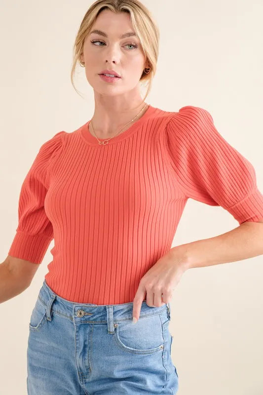 And The Why Puffed Half Sleeve Rib Basic Bodysuit - Fashorio