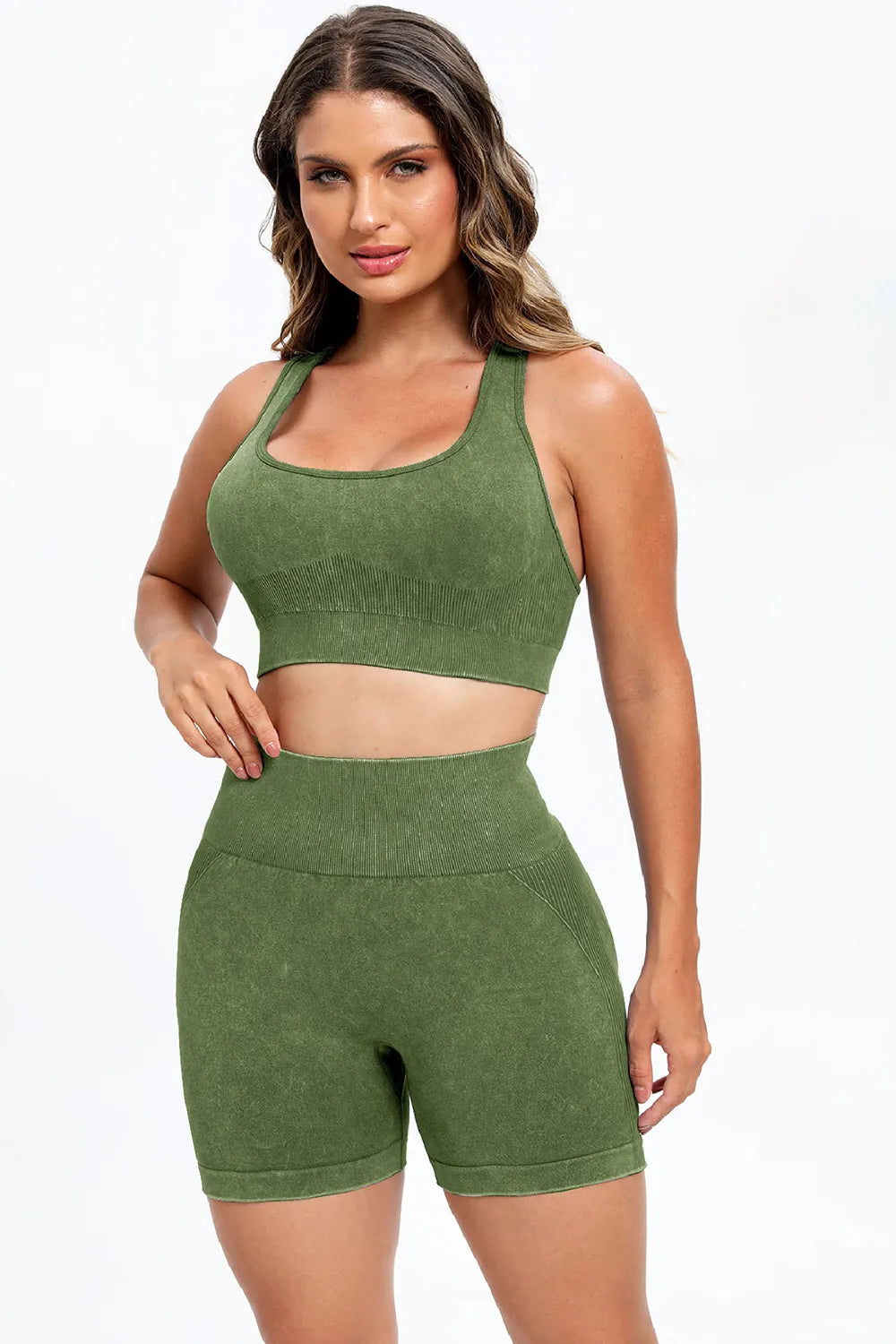 3 Piece Washed Square Neck Wide Strap Active Set - Fashorio