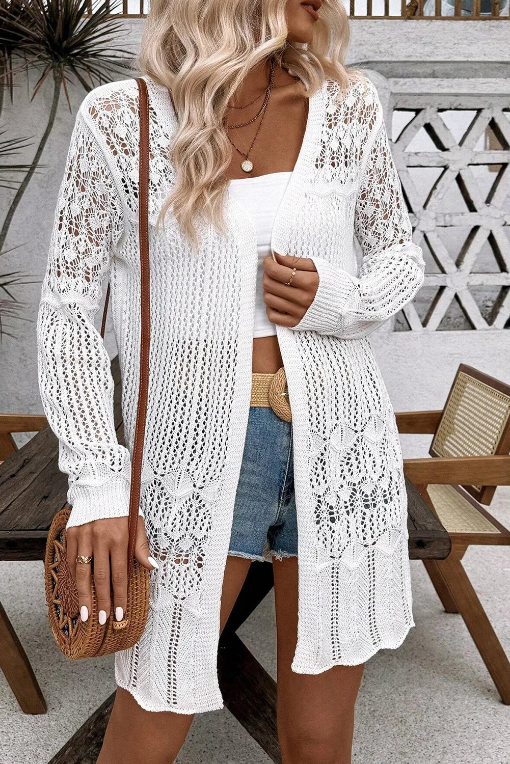 Openwork Open Front Long Sleeve Cardigan - Fashorio