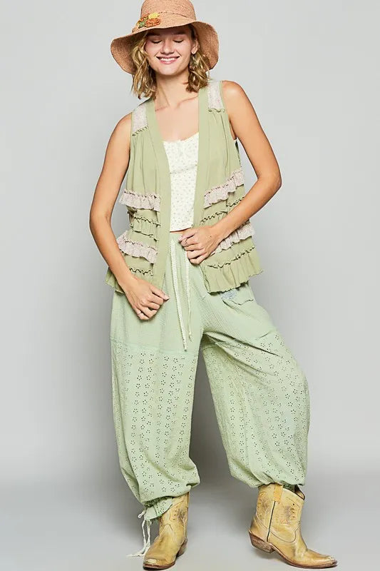 POL Ruffled Open Front Sleeveless Cardigan - Fashorio