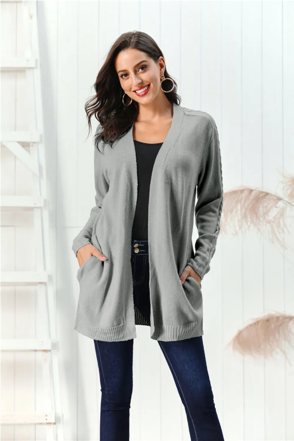 Cable-Knit Open Front Long Sleeve Cardigan - Fashorio