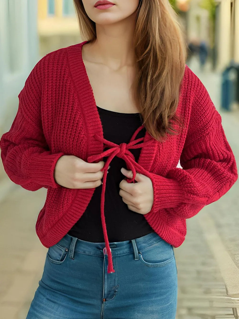 Tied Dropped Shoulder Long Sleeve Cardigan Scarlet One Size - Fashorio