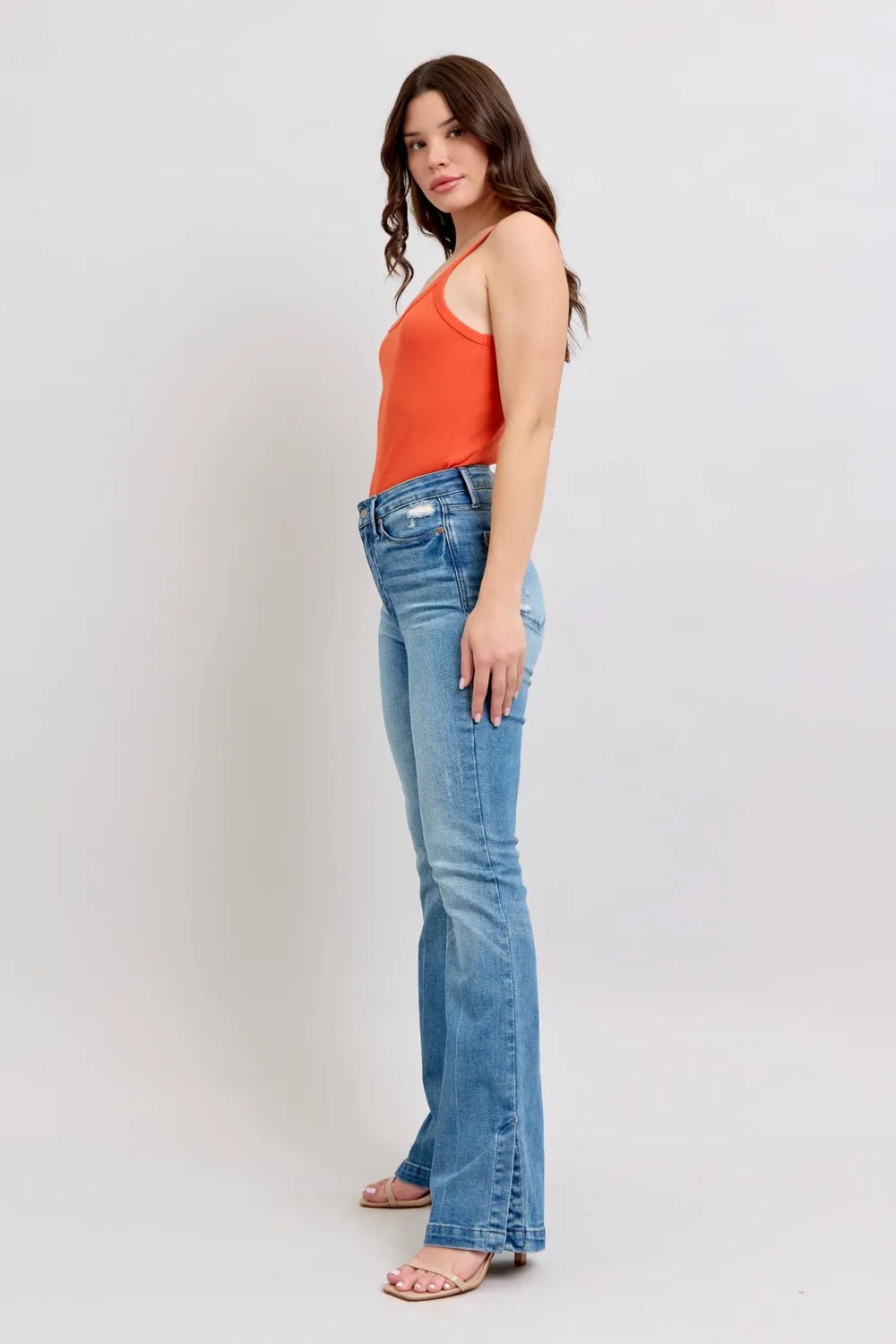 Judy Blue HW Tummy Control Vintage Wash Side Slit Slim Boot Jeans - Fashorio
