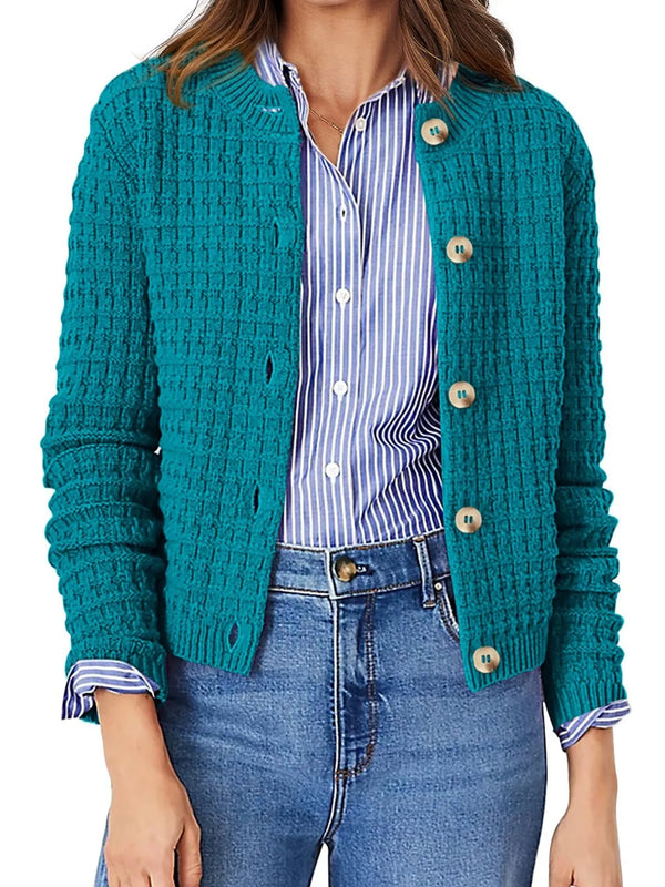 Textured Knit Button-Front Cardigan Peacock Blue - Fashorio