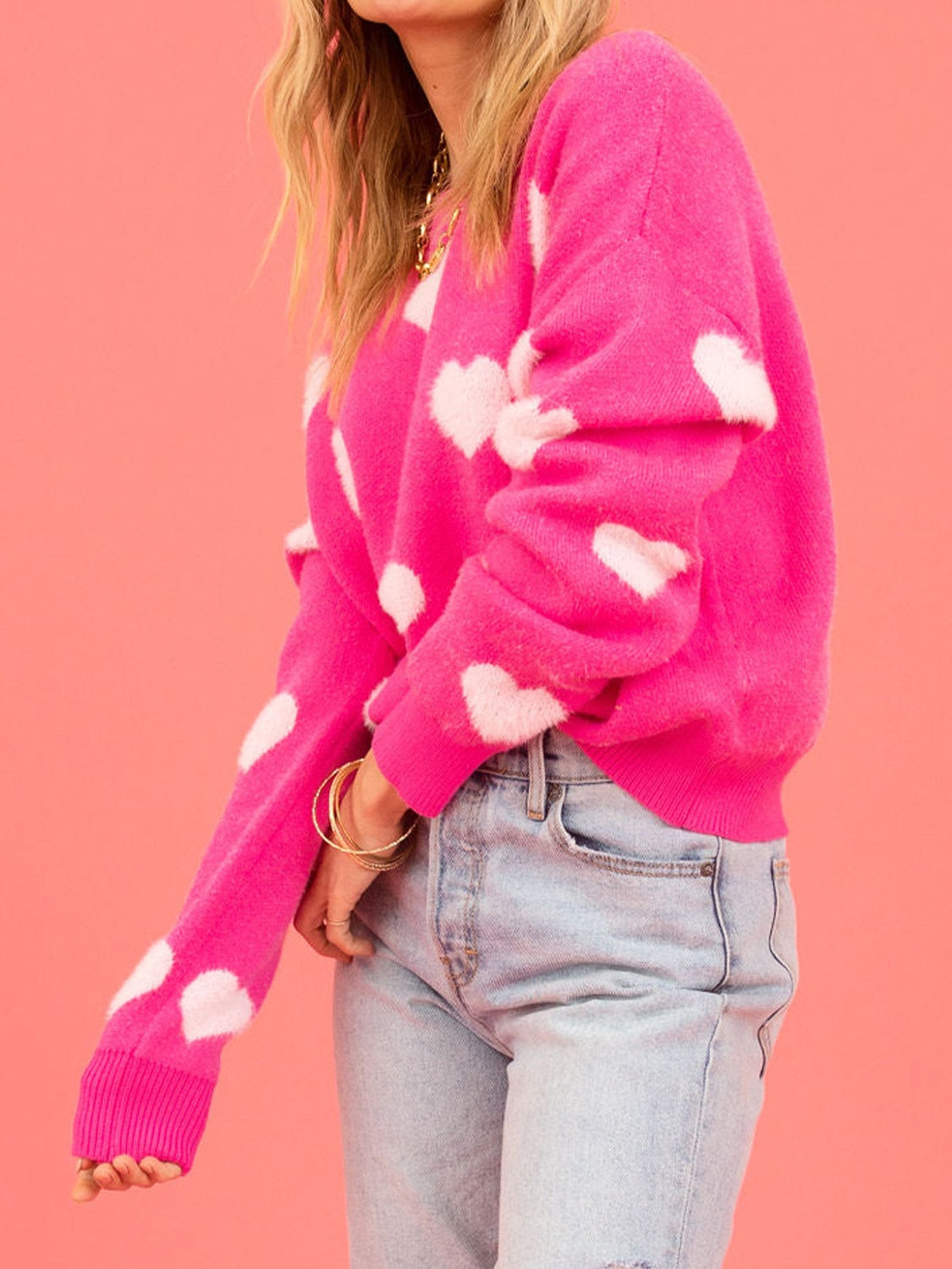 Angel Wings Heart Round Neck Drop Shoulder Sweater - Fashorio