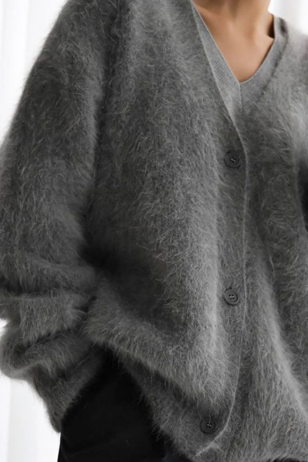 Fuzzy Button Down Long Sleeve Cardigan - Fashorio