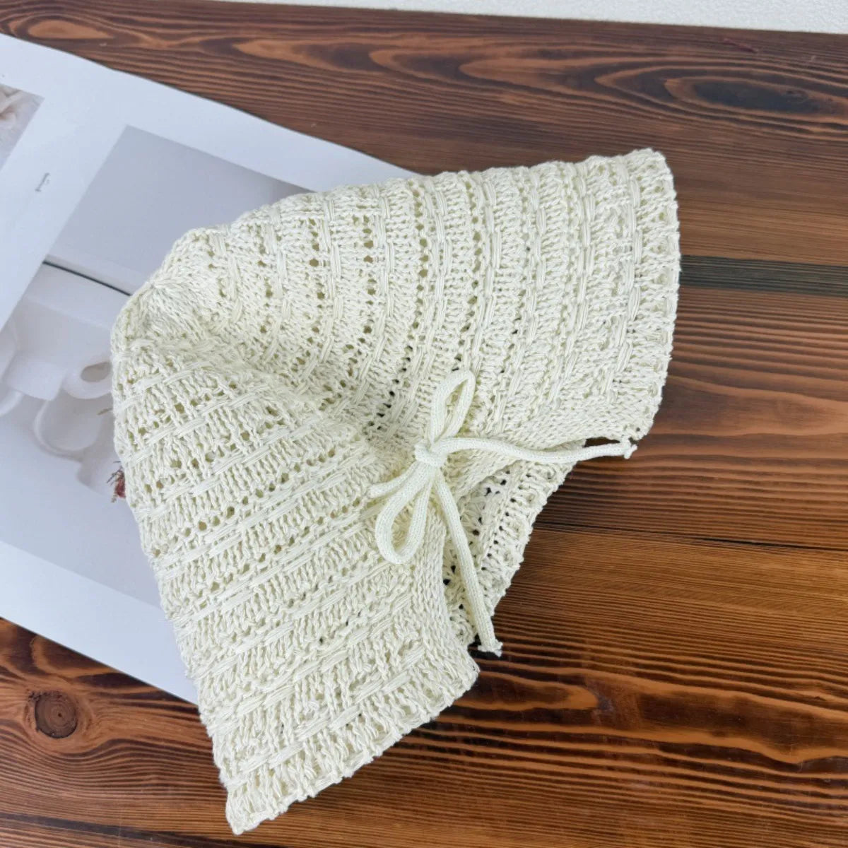 Crochet Bucket Hat with Drawstring Beige One Size - Fashorio