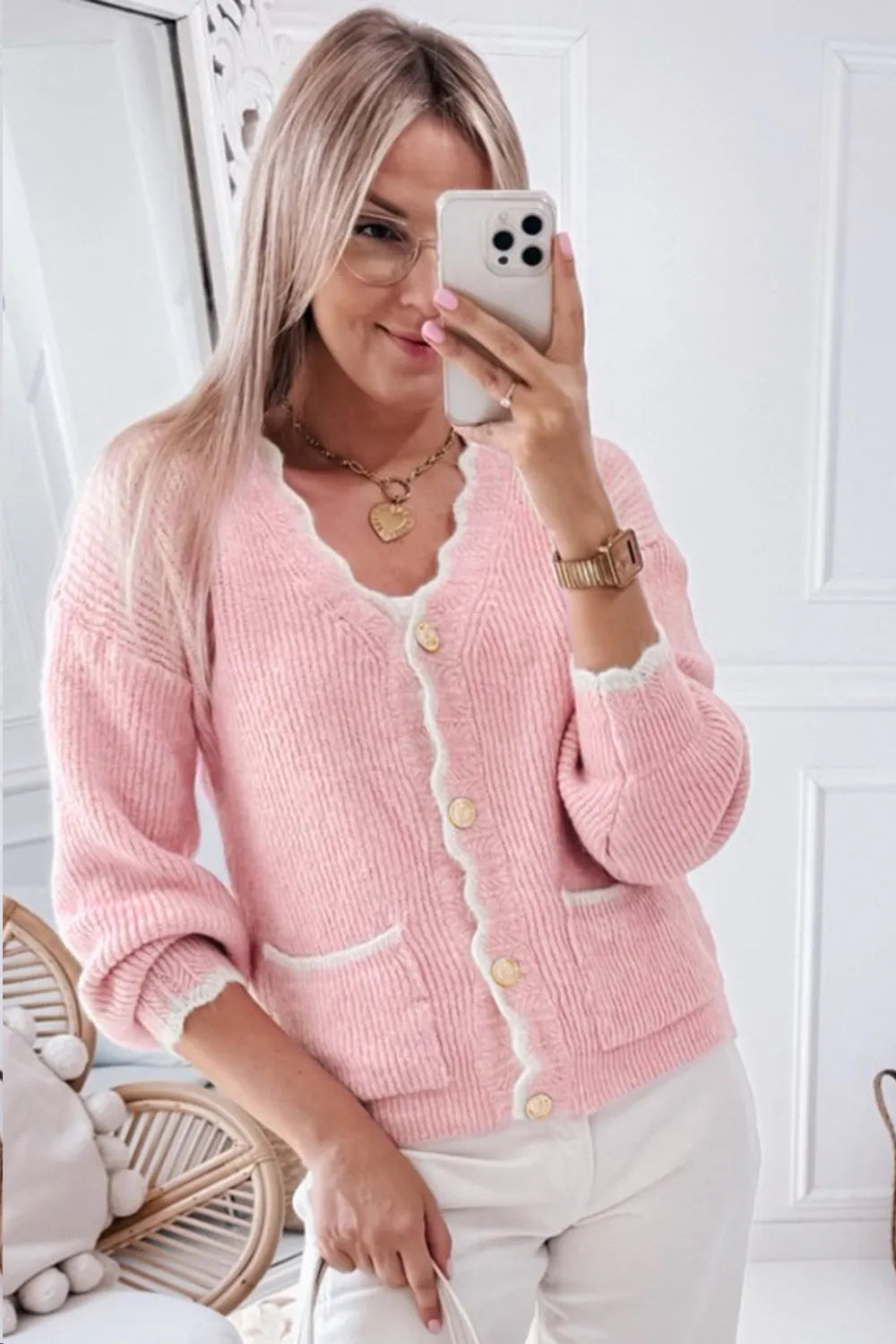 Contrast Trim V-Neck Long Sleeve Cardigan - Fashorio