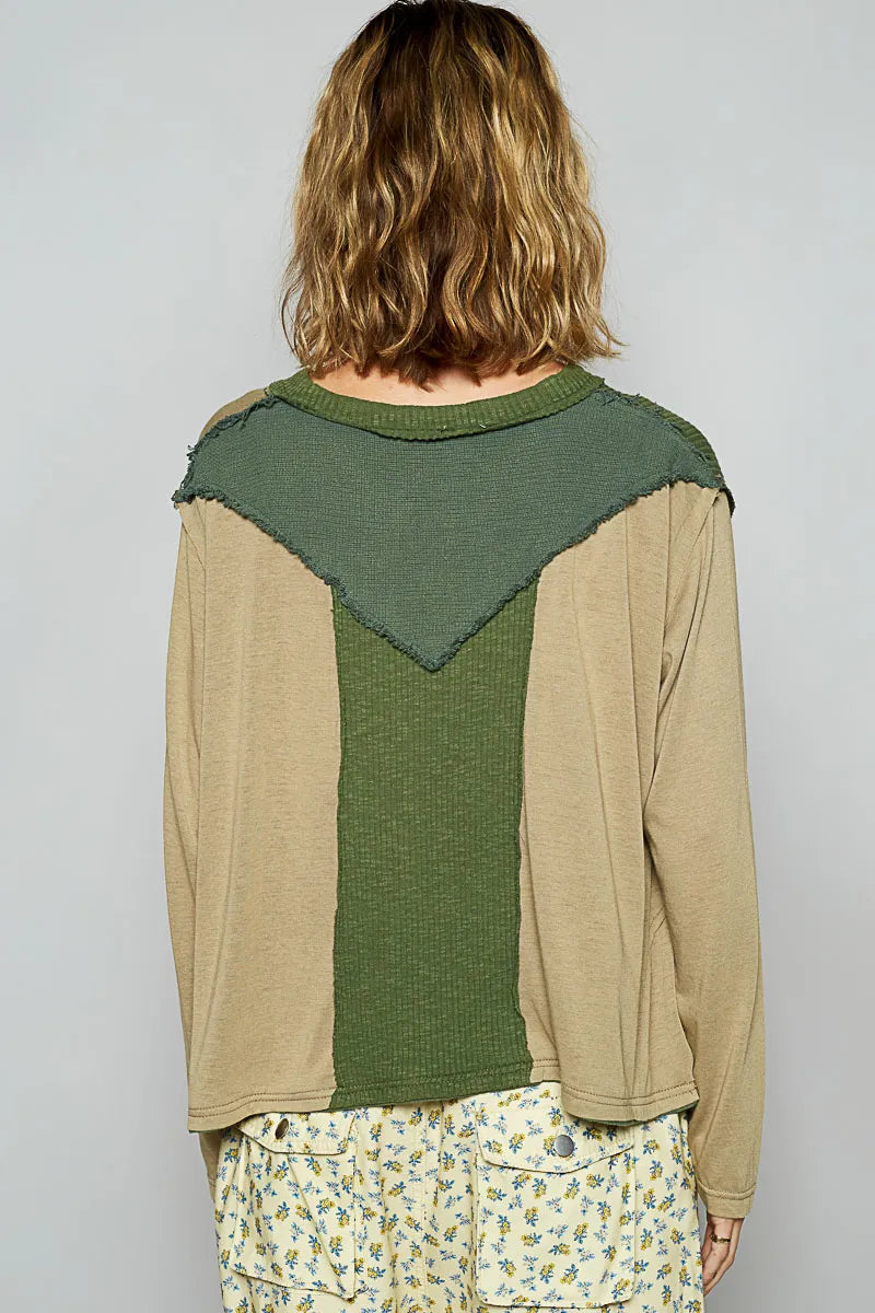 POL Color Block Notched Long Sleeve T-Shirt - Fashorio