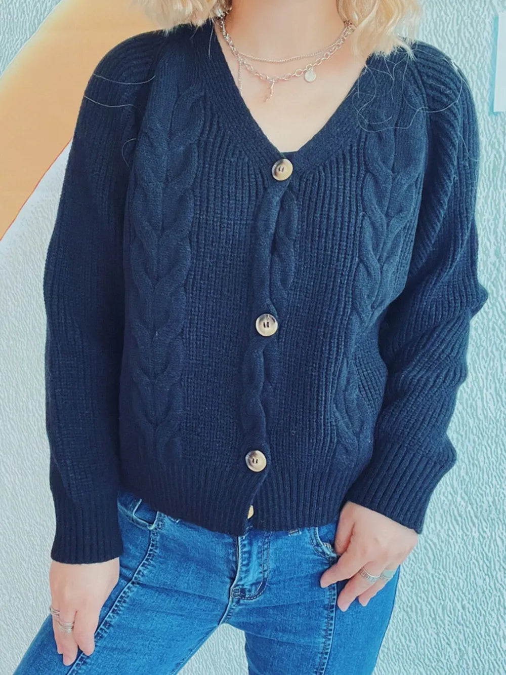 Cable-Knit V-Neck Button Down Long Sleeve Cardigan Black One Size - Fashorio