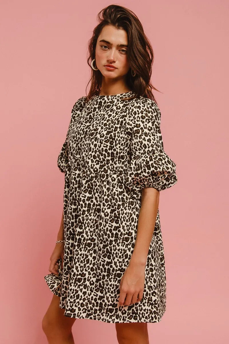 BiBi Leopard Denim Dress With Back Contrast Tie Detail - Fashorio