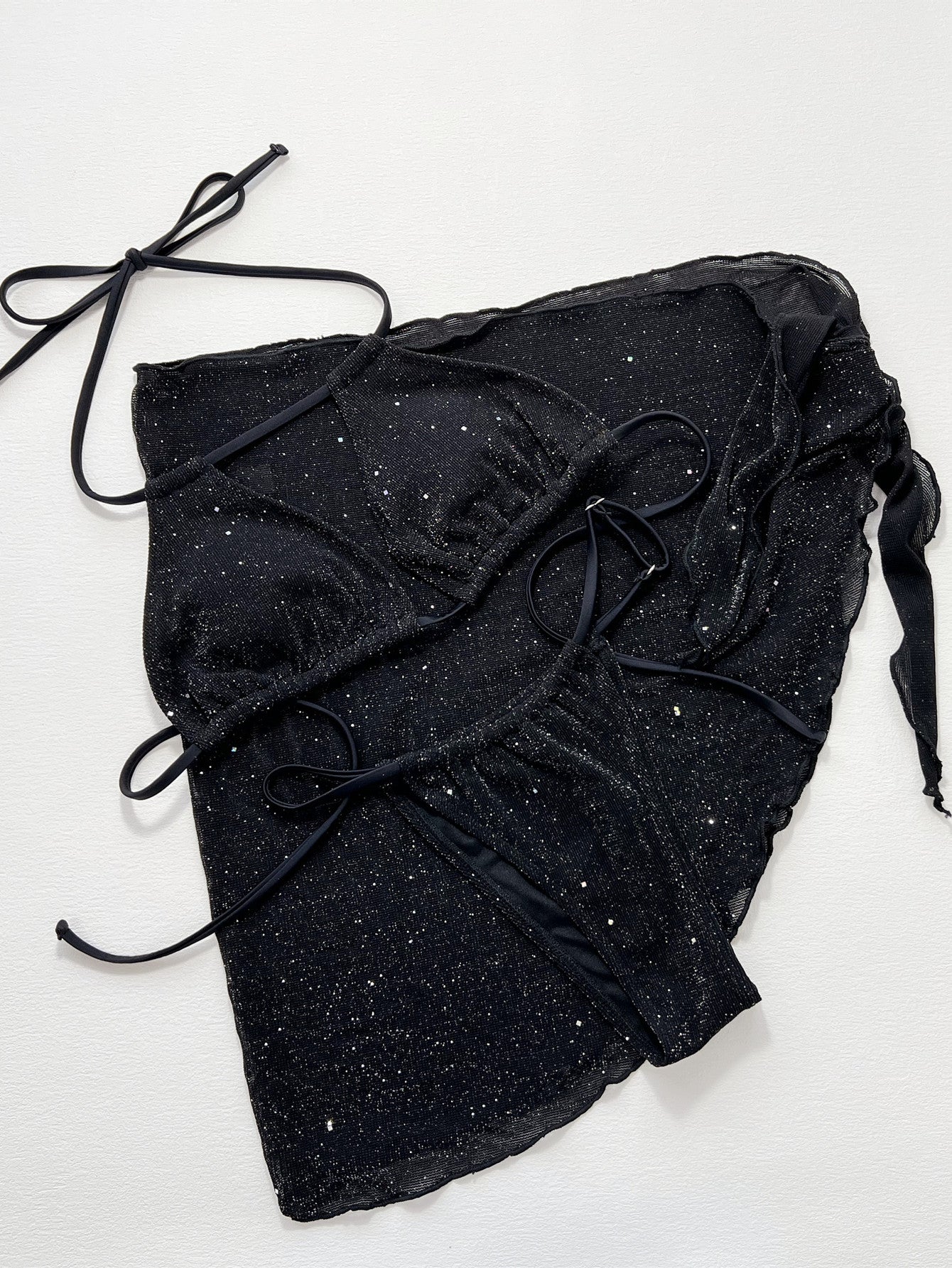 Glitter Halter Neck Backless Three-Piece Swim Set - Fashorio