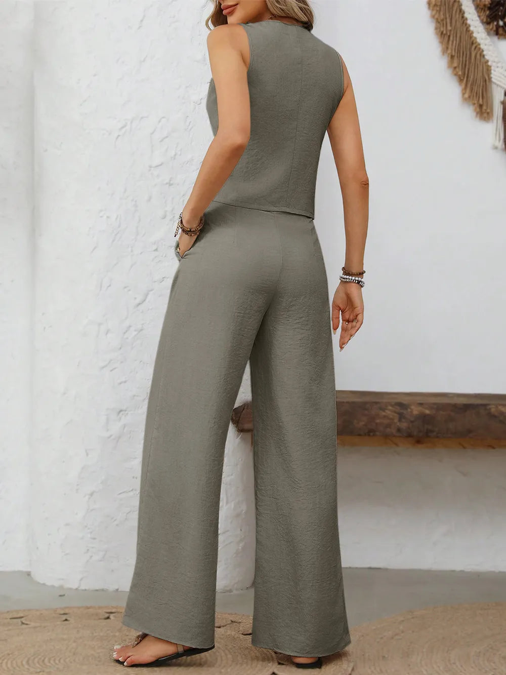 V-Neck Button Down Vest and Wide Leg Pants Set - Fashorio