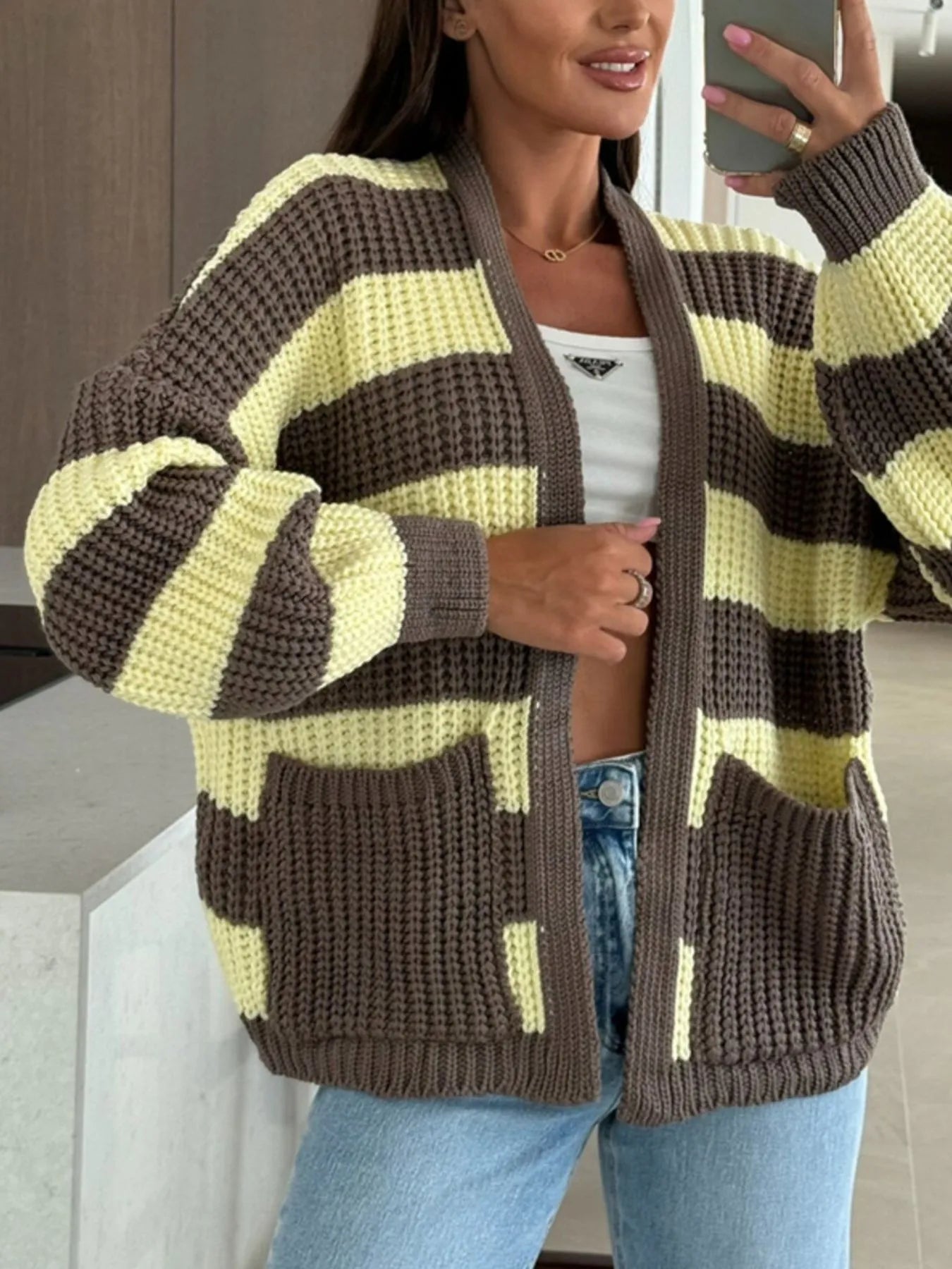 Striped Open Front Long Sleeve Cardigan - Fashorio