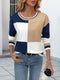 Color Block Round Neck Sweater with Ribbed Trim Blue White - Fashorio
