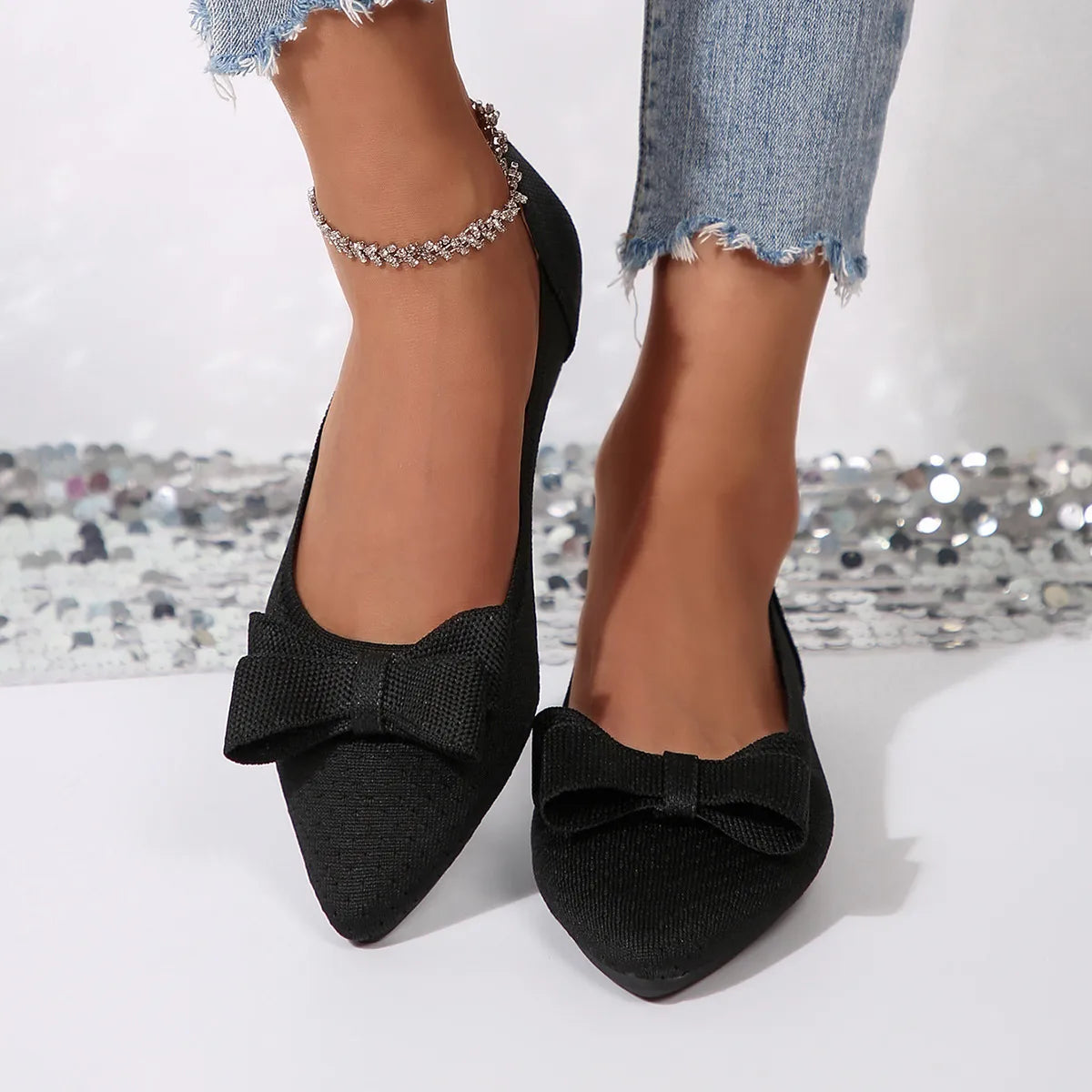 Bow Point Toe Slip-Ons Black - Fashorio