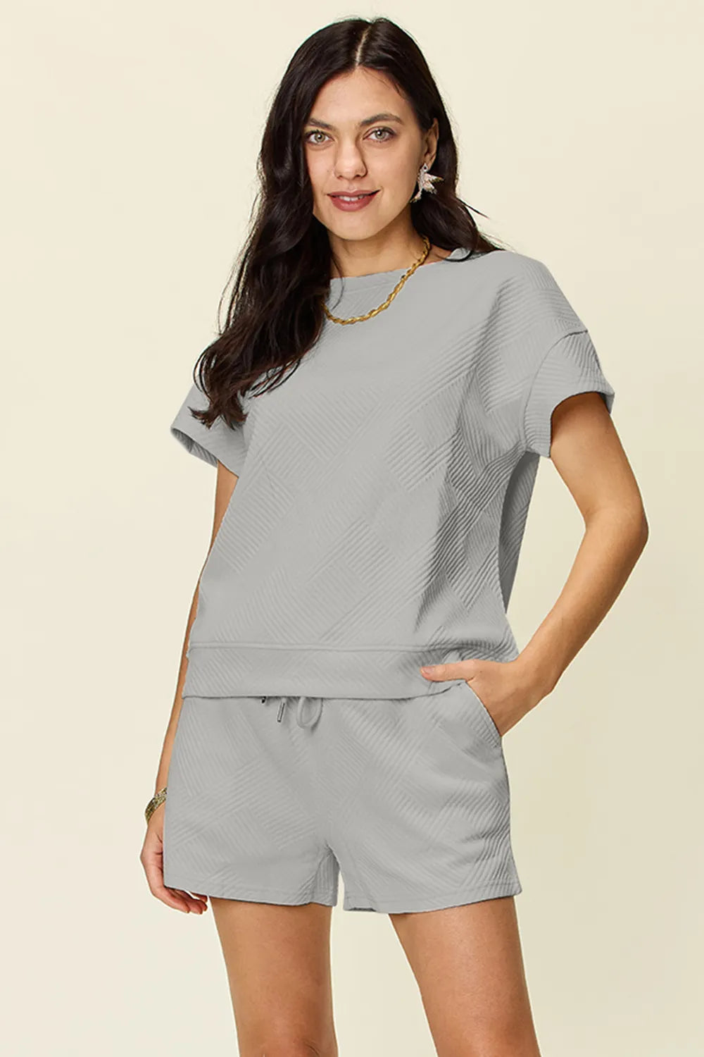 Double Take Full Size Texture Short Sleeve T-Shirt and Drawstring Shorts Set Light Gray - Fashorio