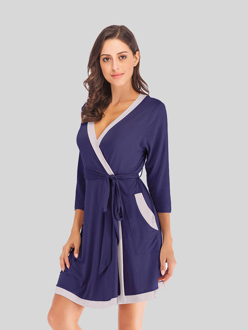 Tie Waist Surplice Neck Robe with Pockets Navy - Fashorio