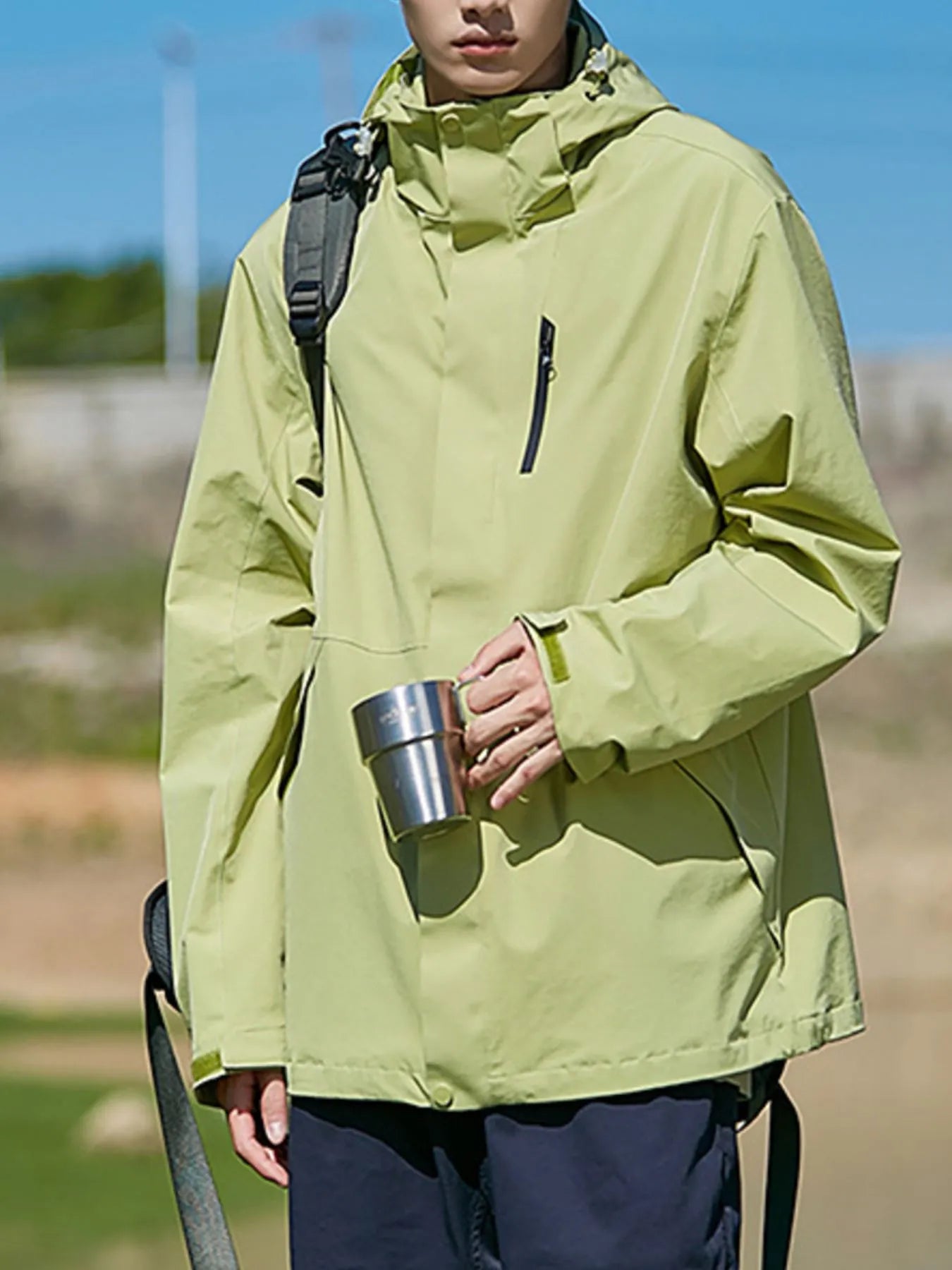 Men's Full Size Zip Up Long Sleeve Hooded Jacket Plus Size Fluorescent Green - Fashorio