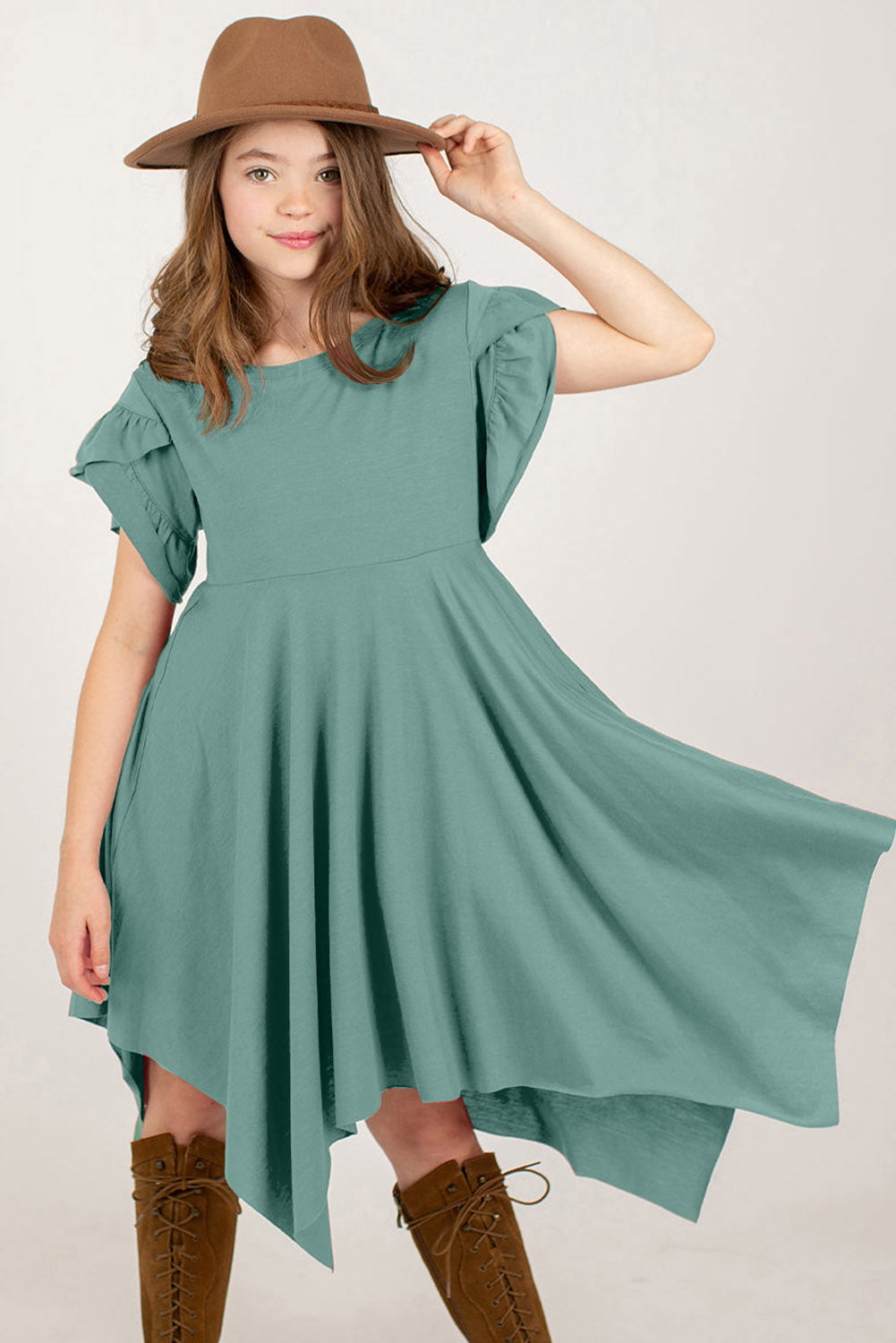 Round Neck Petal Sleeve Dress - Fashorio