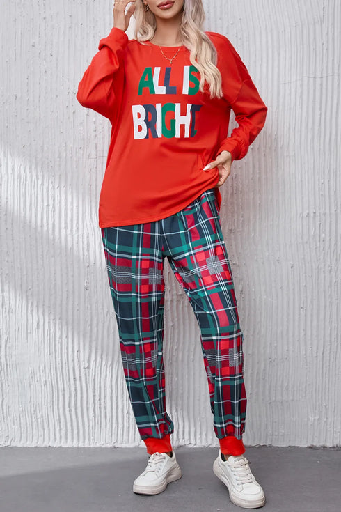 ALL IS BRIGHT Round Neck Top and Plaid Pants Lounge Set - Fashorio