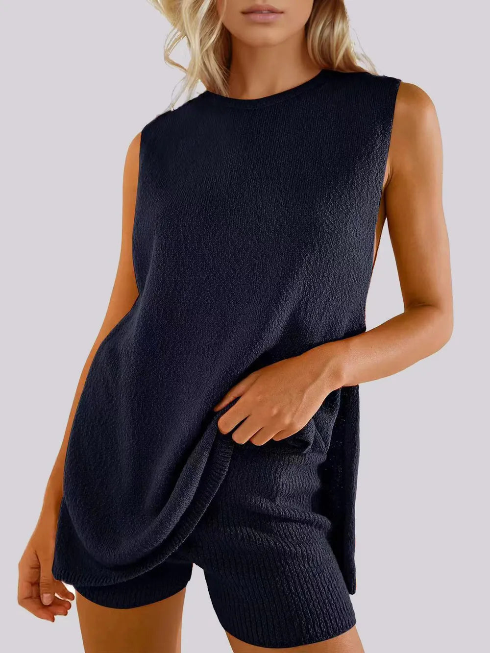 Side Slit Round Neck Tank and Ribbed Shorts Sweater Set Dark Navy - Fashorio