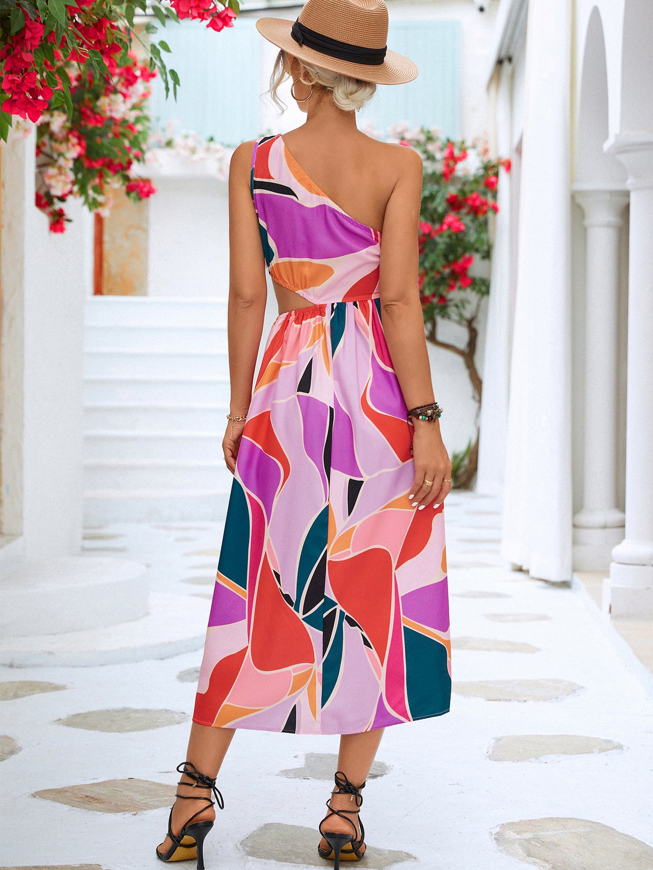 Printed Cutout One-Shoulder Sleeveless Dress - Fashorio
