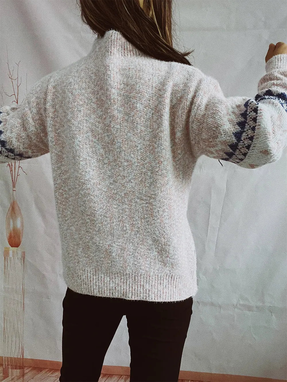 Geometric Mock Neck Dropped Shoulder Sweater - Fashorio