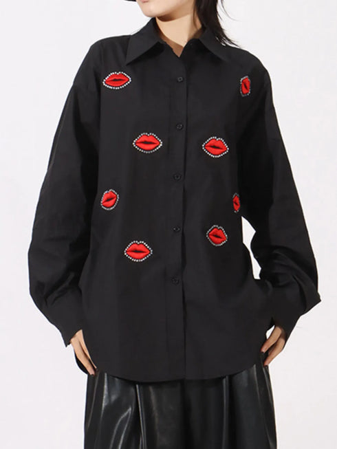 Lips Button Up Long Sleeve Shirt - Fashorio