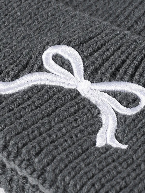 Embroidered Bow Knit Hat - Fashorio