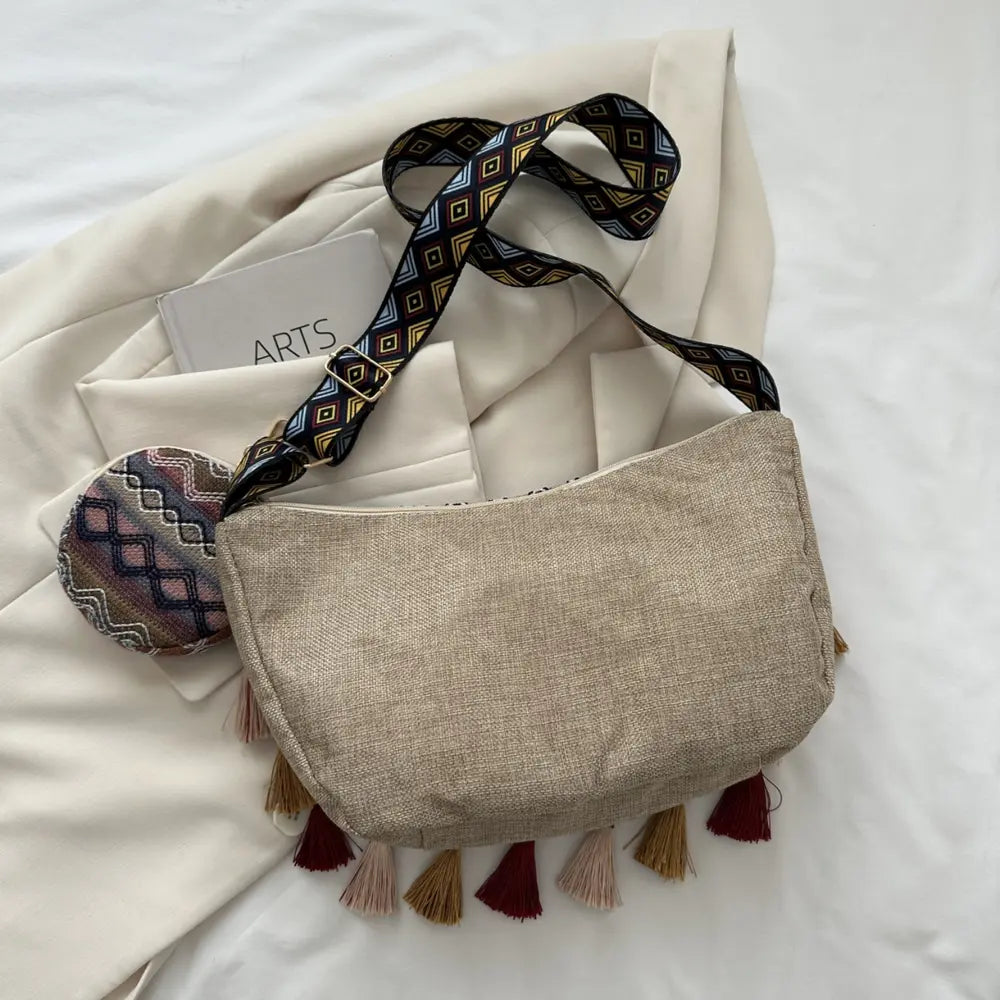 Printed Tassel Detail Crossbody Bag with Small Purse - Fashorio