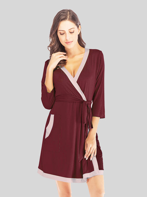 Tie Waist Surplice Neck Robe with Pockets Wine - Fashorio