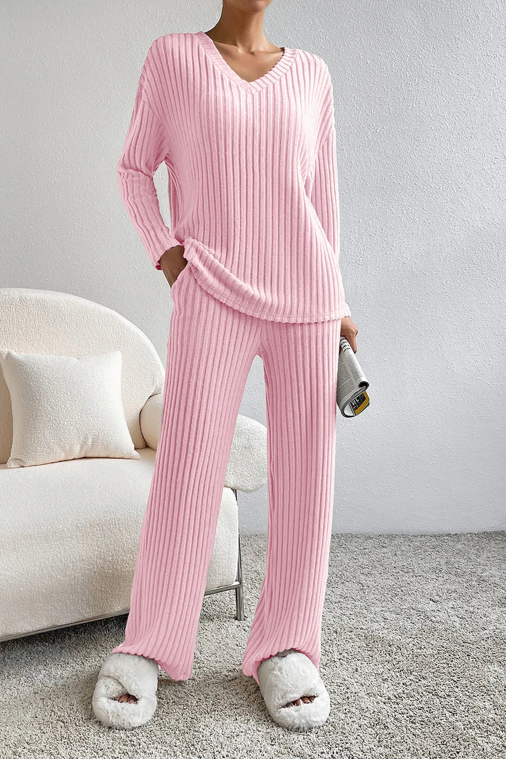 Ribbed V-Neck Top and Pants Lounge Set Carnation Pink - Fashorio