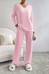 Ribbed V-Neck Top and Pants Lounge Set Carnation Pink - Fashorio