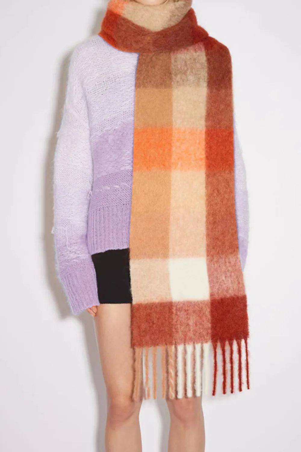 Thermal Fringe Contrast Plaid Scarf Orange White grid One Size - Fashorio