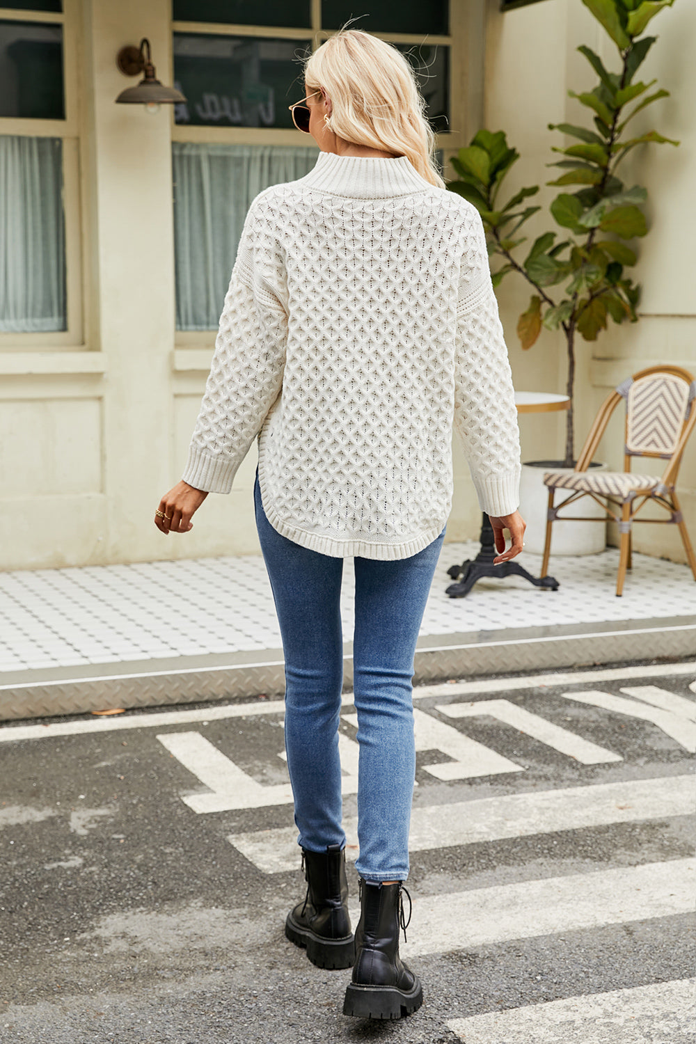 Slit Long Sleeve Mock Neck Sweater - Fashorio