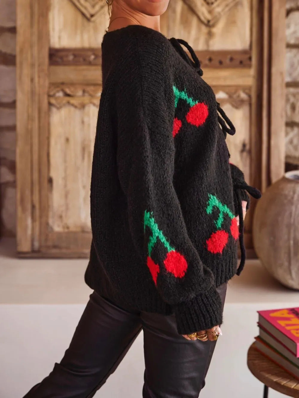 Tied Cherry Round Neck Long Sleeve Cardigan - Fashorio