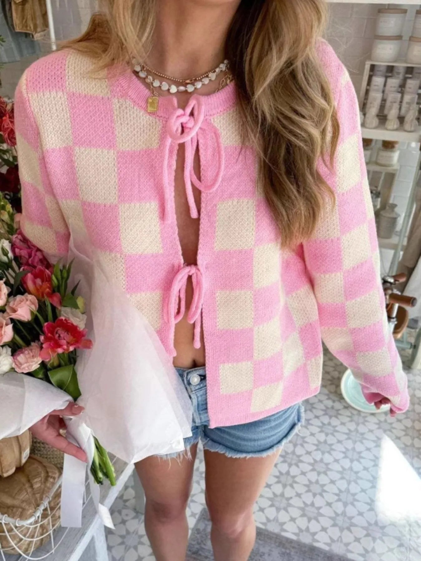Checkered Tie-Front Cropped Cardigan Pink - Fashorio