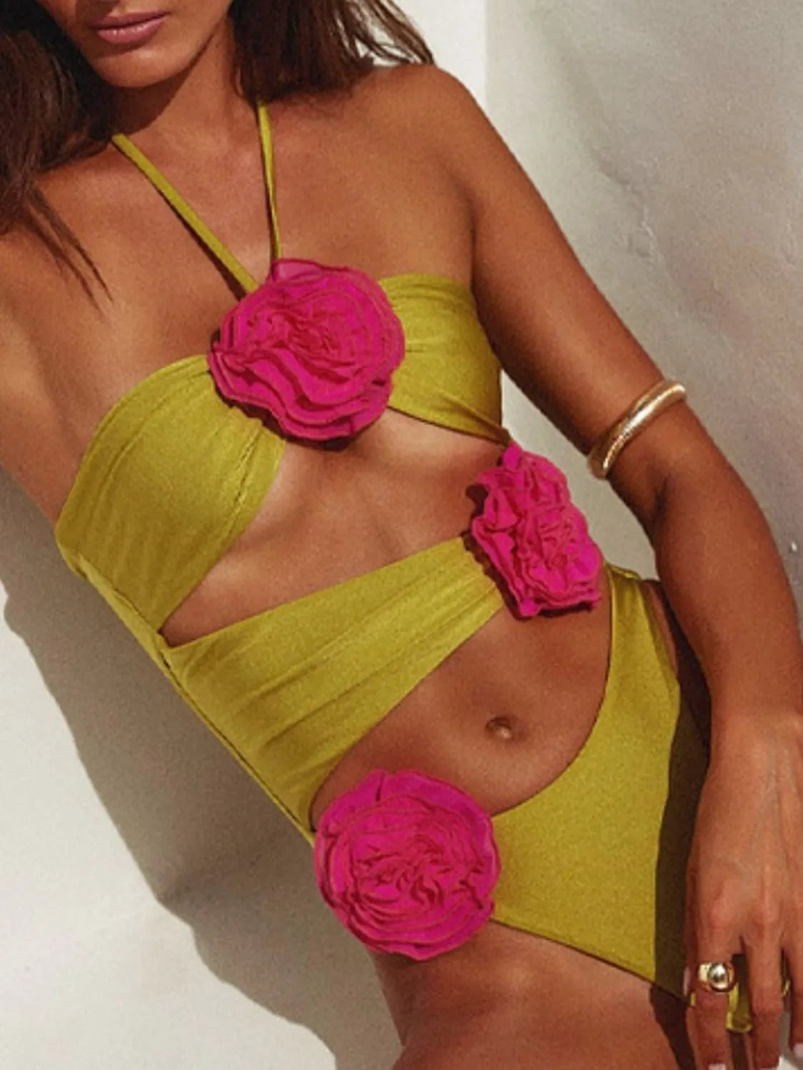 Flower Cutout Halter Neck One-Piece Swimwear Yellow-Green - Fashorio