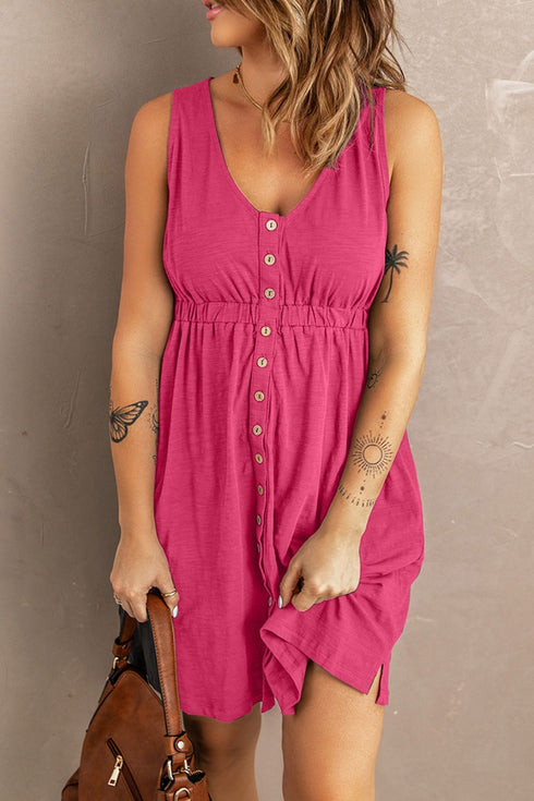 Sleeveless V-Neck Mini Dress with Buttons & Pockets – Chic Casual - Fashorio