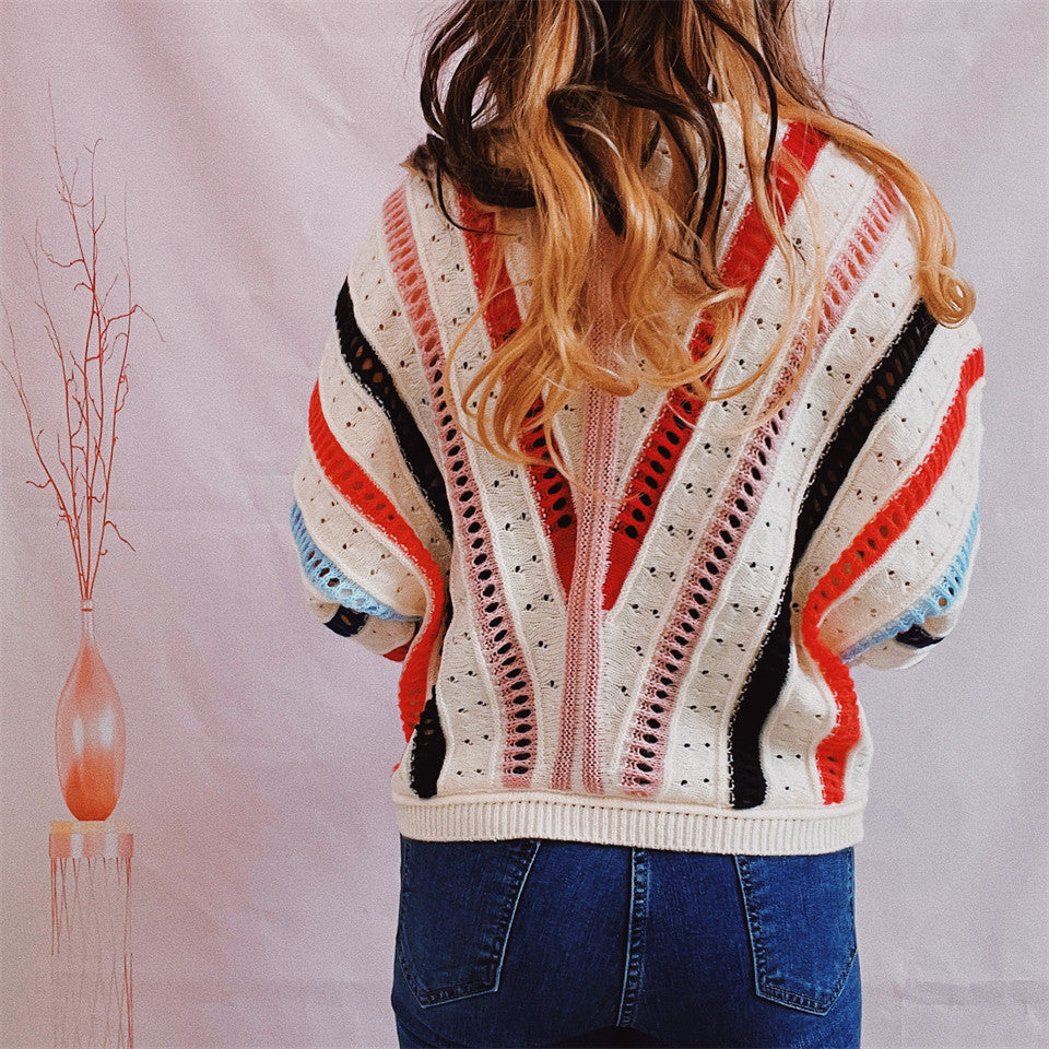 Striped Openwork Round Neck Sweater - Fashorio