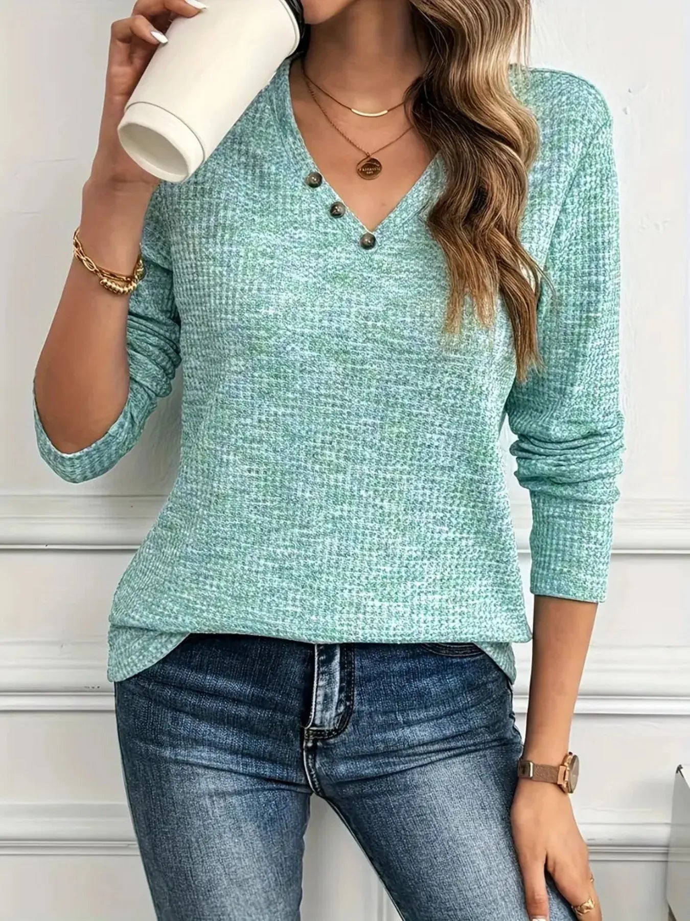 Heathered V-Neck Long Sleeve T-Shirt - Fashorio