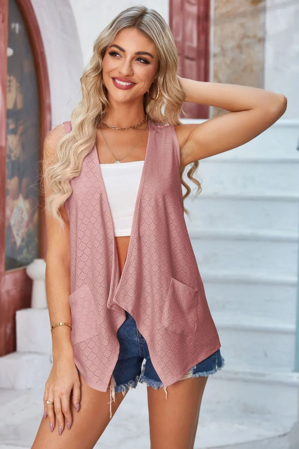 Eyelet Open Front Sleeveless Cardigan - Fashorio