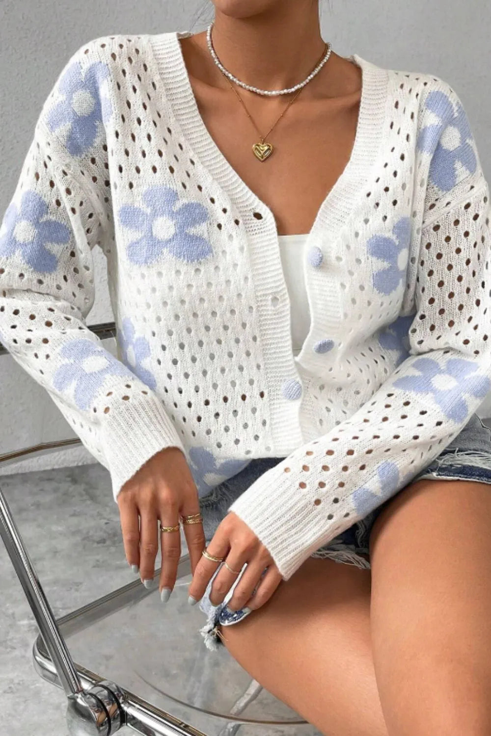 Flower Hollowed Out Button Down Long Sleeve Cardigan - Fashorio