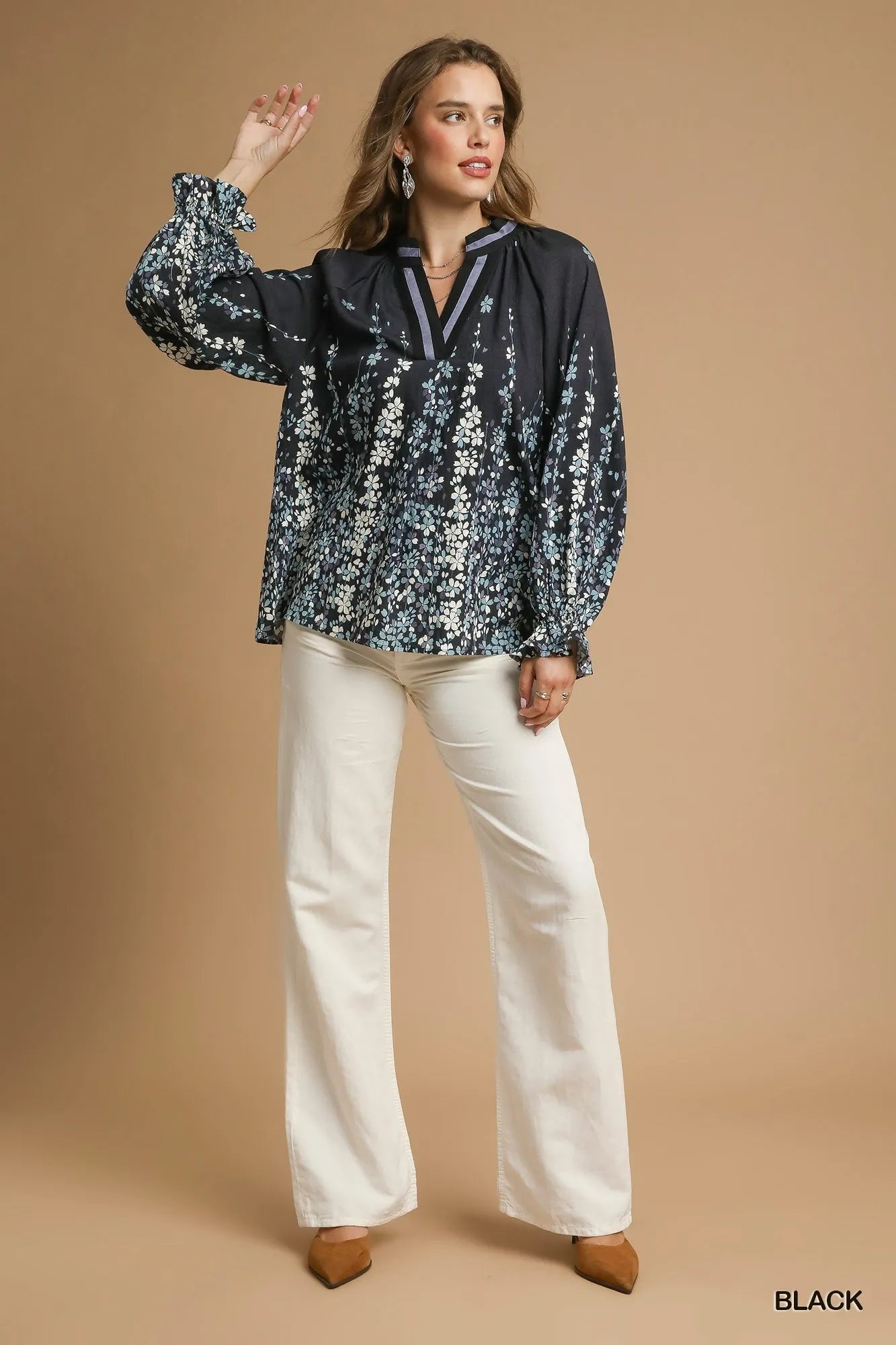 Umgee Full Size Floral Vine Print Blouse with Balloon Sleeves Plus Size - Fashorio