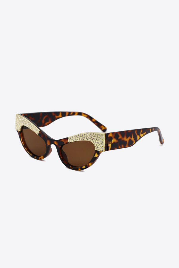 UV400 Rhinestone Trim Cat-Eye Sunglasses Brown One Size - Fashorio