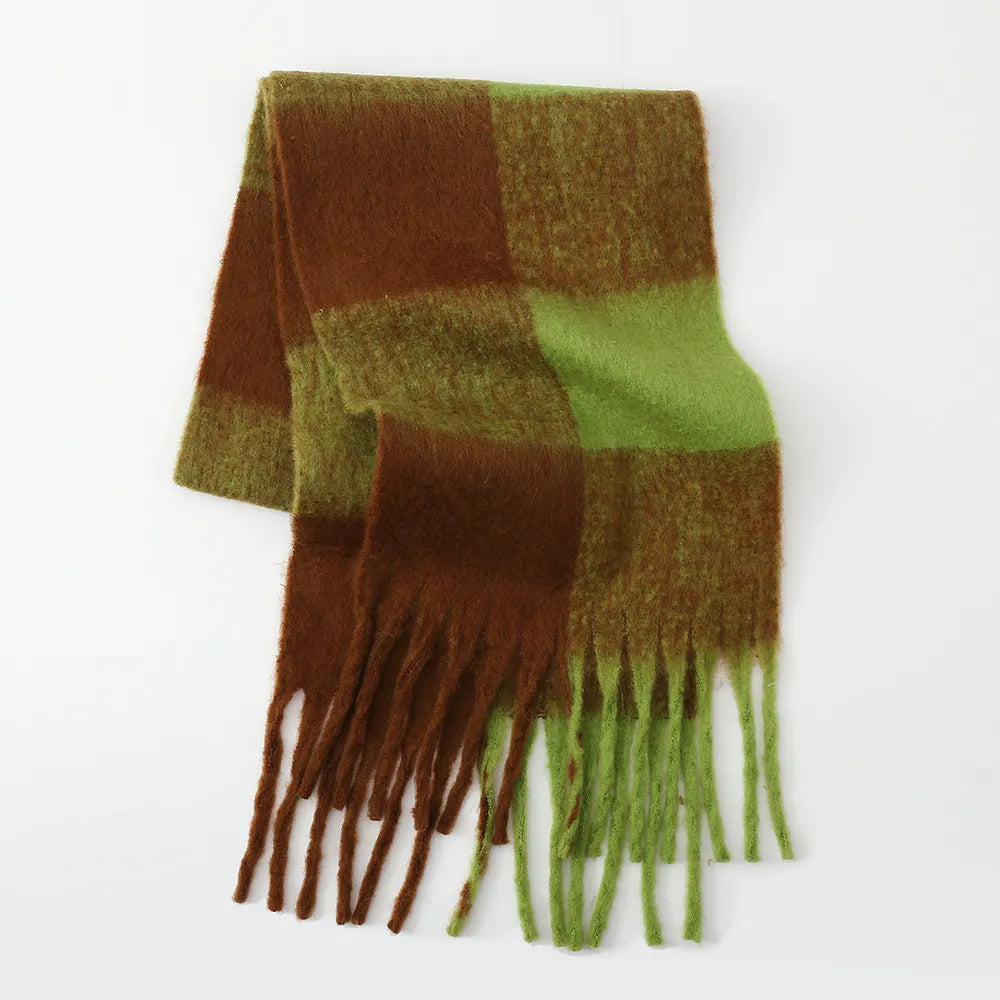 Fringe Contrast Plaid Polyester Scarf Olive Brown One Size - Fashorio