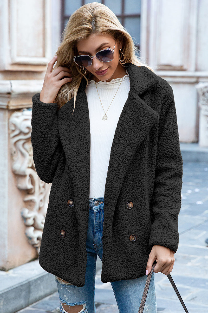 Ivy Lane Full Size Lapel Collar Sherpa Coat Black - Fashorio